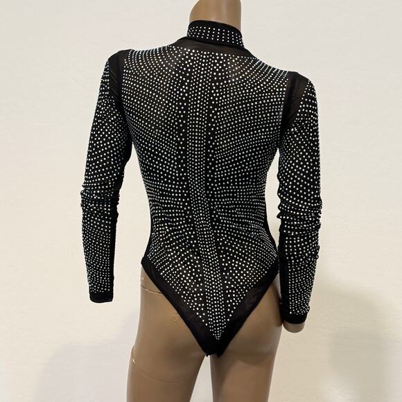 new small sheer mesh all over rhinestone mock neck bodysuit TLS2 2257 - Picture 7 of 11